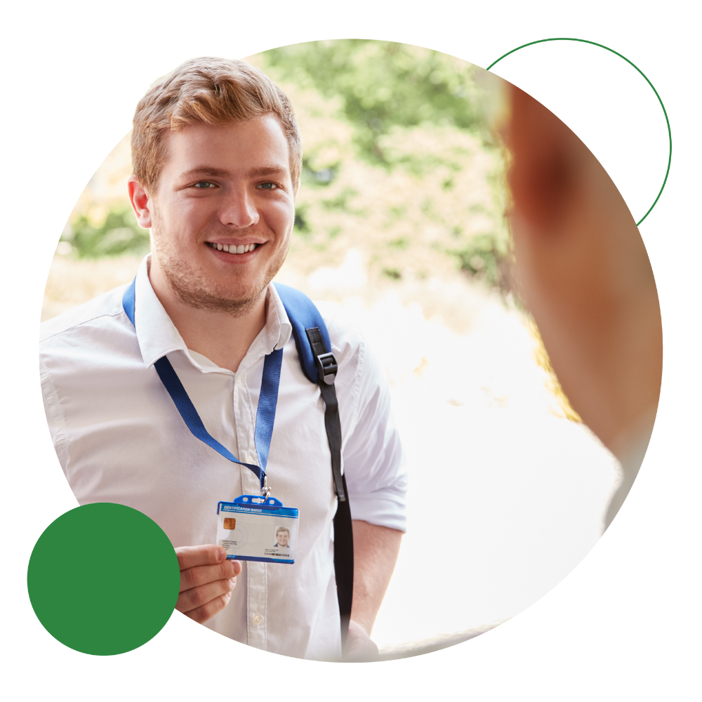 Care professional showing ID badge during a home visit, reflecting trusted care partnerships in health and social care