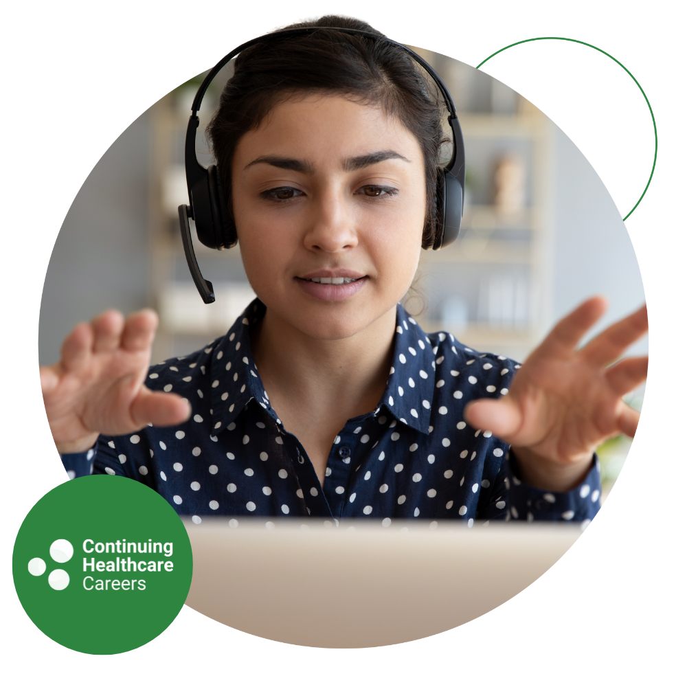 Chc-Practitioner-Conducting-Remote-Review (1) 1 Registered nurse practitioner conducting a remote CHC review on a laptop while wearing a headset